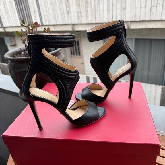 Jerome C. Rousseau Black Leather Cutout High Heel Sandals Size 36/5.5 Made In It - Picture 2 of 10